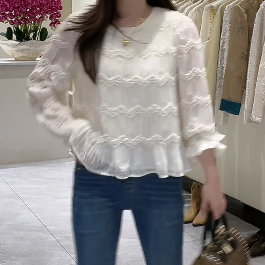 设计感韩版褶皱纹理长袖小衫女2025新款春季气质显瘦时尚套头衬衫