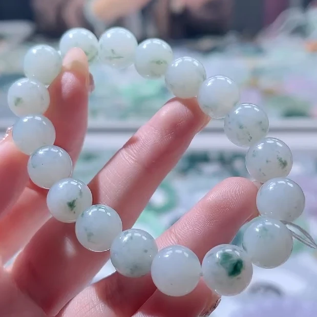 缅甸天然翡翠老种糯化冰飘花手串 18颗卡12mm-13mm
