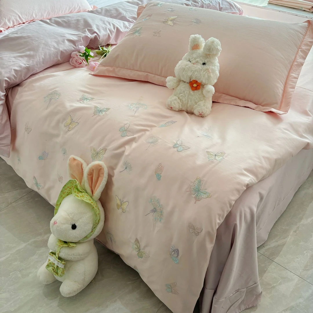 长绒棉A类全棉四件套刺绣被套蝴蝶花边床品纯棉四件套小清新