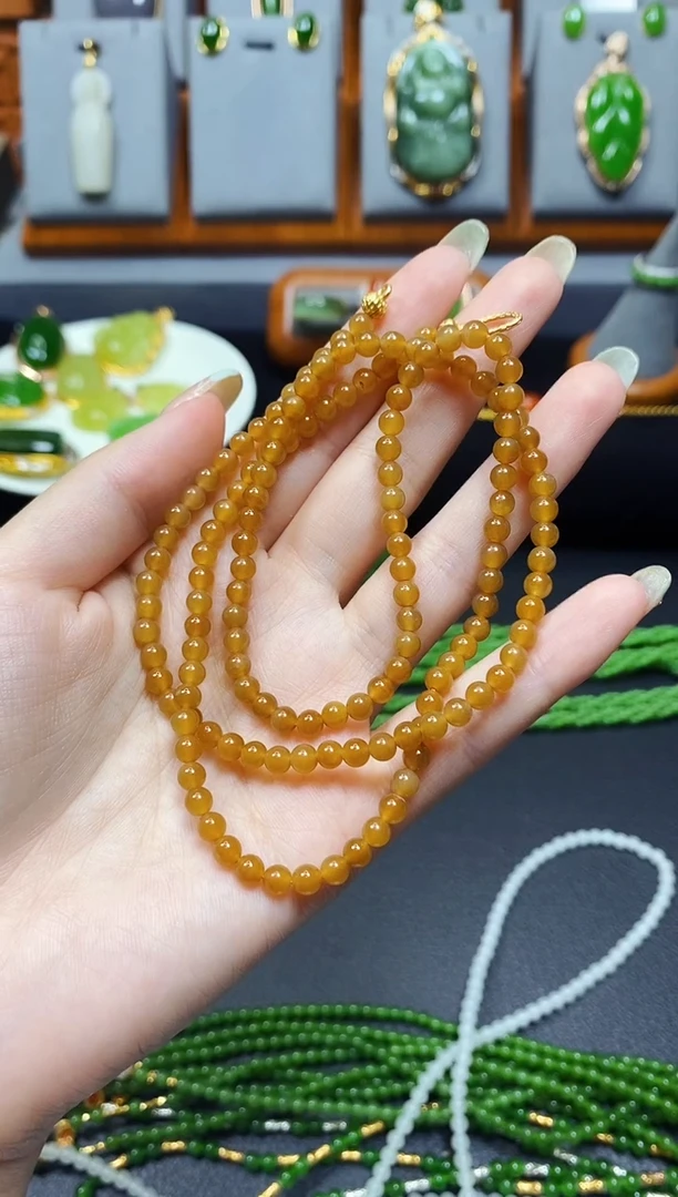 颈饰银S925镶嵌和田玉糖玉多圈长链