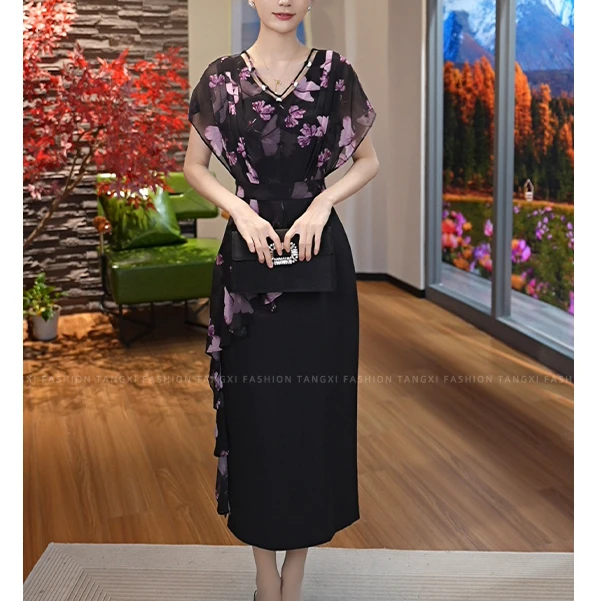 唐熹2025夏季新款【LT-X438】粉色花和蝶上下拼接日常显瘦气质裙子