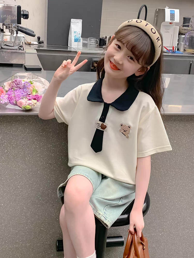 女童夏装短袖T恤2025新款洋气时髦儿童半袖上衣女孩夏季POLO衫