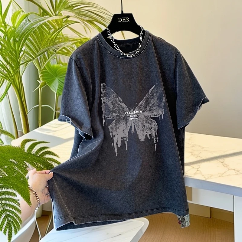 T恤百搭官图洗旧纯棉230克后包领水洗做旧甜美女装禅意仙气飘飘