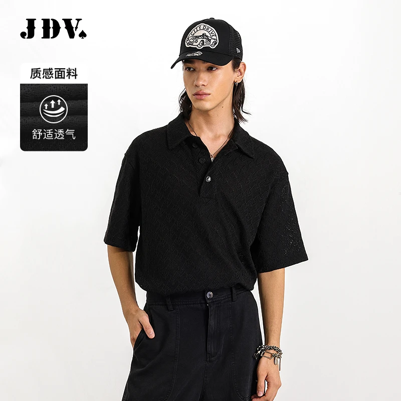 J.D.V男2025商场同款春夏新款男士黑色编织T恤短袖POLO衫SPO5307