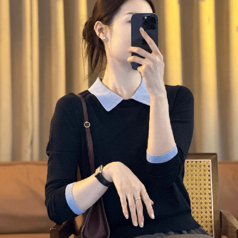 撞色polo领拼接假两件藏青色针织衫女秋季新款内搭打底衫毛衣上衣