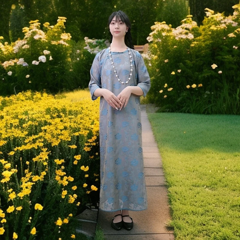 上海鉴界传统中国风长袍花溪非遗色织四经花罗桑蚕丝长袍子