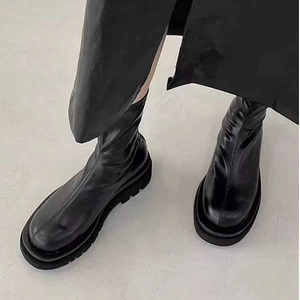 W21092小众弹力马丁靴厚底瘦瘦靴短靴小个子增高切尔西靴 单里