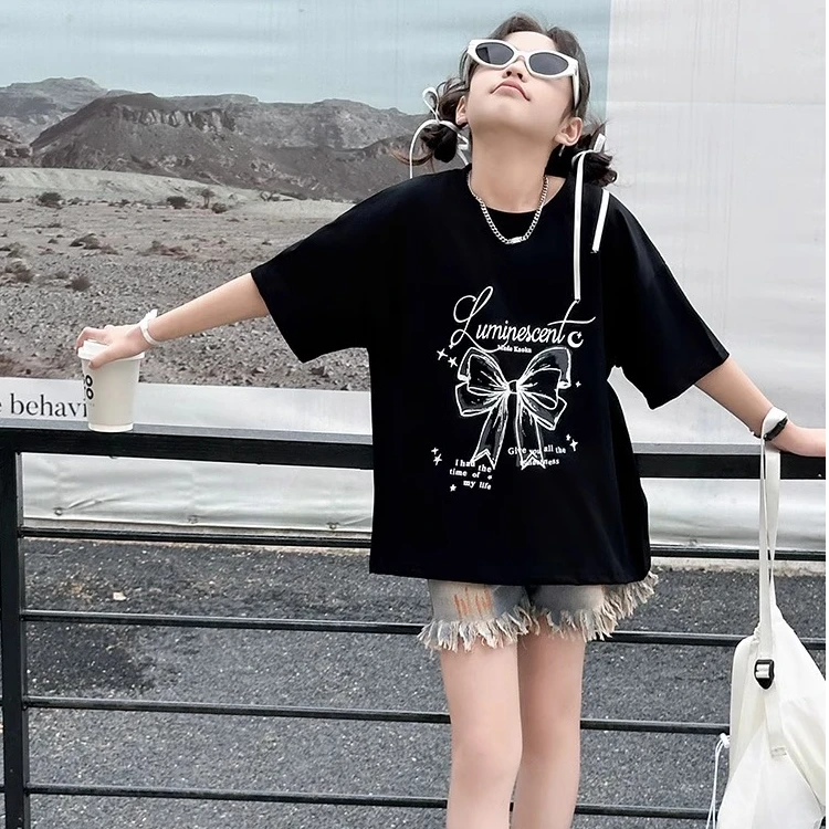 顶瓜瓜小众高级感纯棉短袖t恤宝宝女童夏季潮流宽松休闲重磅上衣