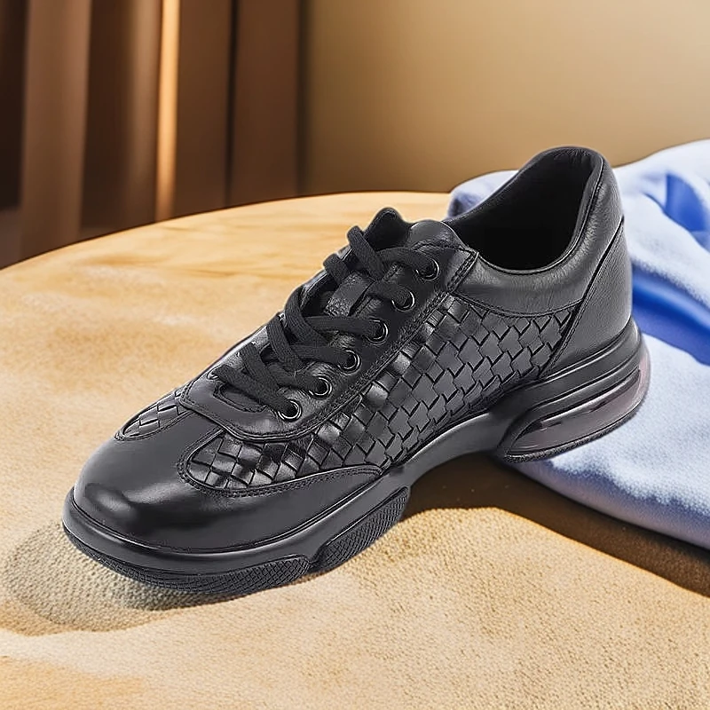 新款透气舒适气垫厚底时尚休闲鞋低帮舒适黑色胎牛皮软底