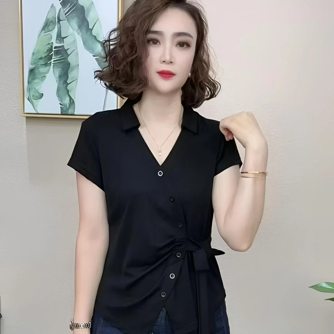 纯色系带短袖夏季黑色V领T恤显瘦收腰修身文艺复兴风时尚洋气百搭