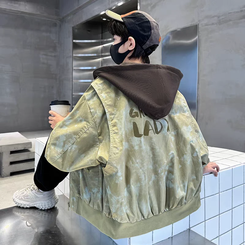 儿童男童外套春秋款2025新款中大童秋装假两件夹克男孩连帽上衣潮