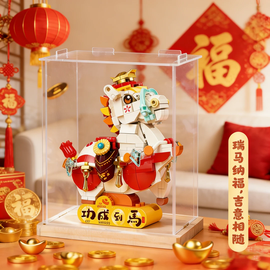 富贵小马驹国潮积木适用乐高马年吉祥物新年招财摆件拼装玩具礼物
