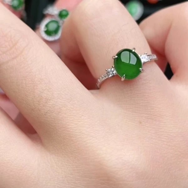 鑫辰珠宝天然A货翡翠银镶嵌设计款开口女戒指时尚百搭