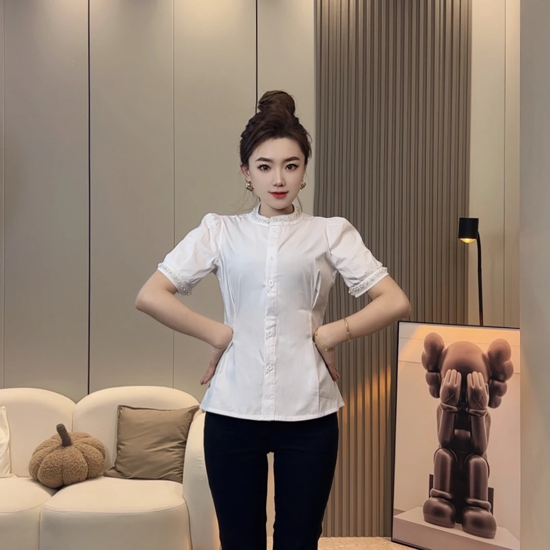 春夏款圆领钉珠短袖薄款常规袖夏季衬衫白色时尚显瘦上衣女装6916