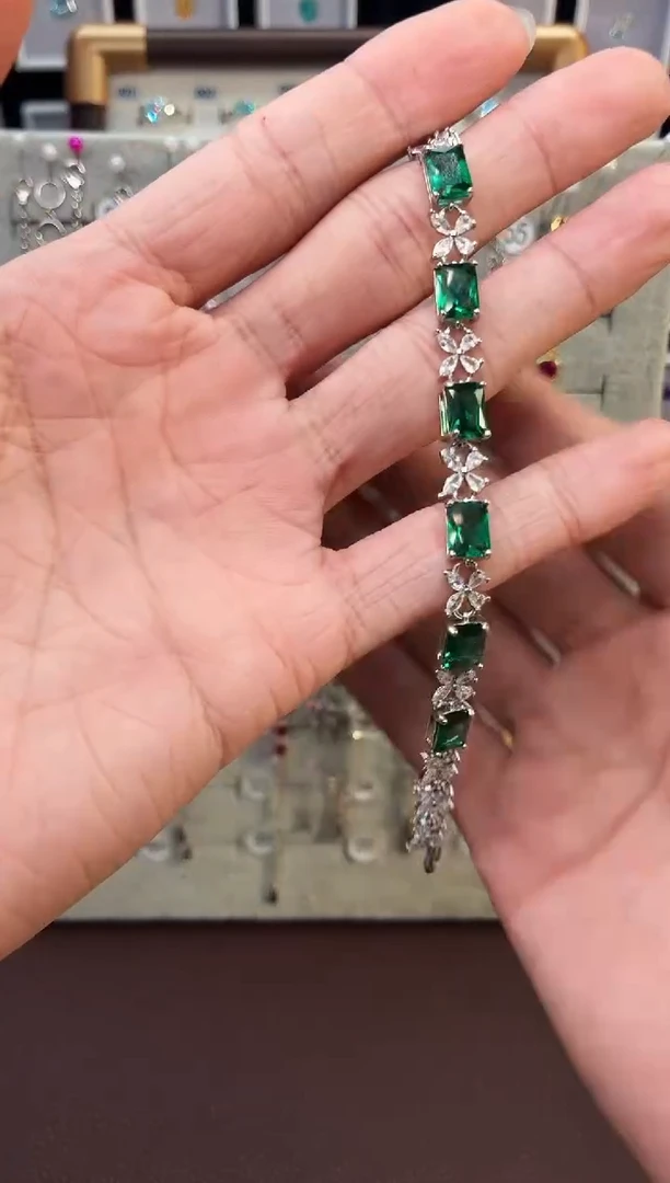 无925银红**鲛轻奢祖母绿色女神手链