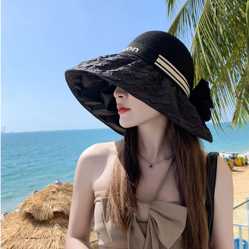 新款女夏季防晒帽时尚字母绣花大檐渔夫帽防风遮阳帽太阳帽沙滩帽