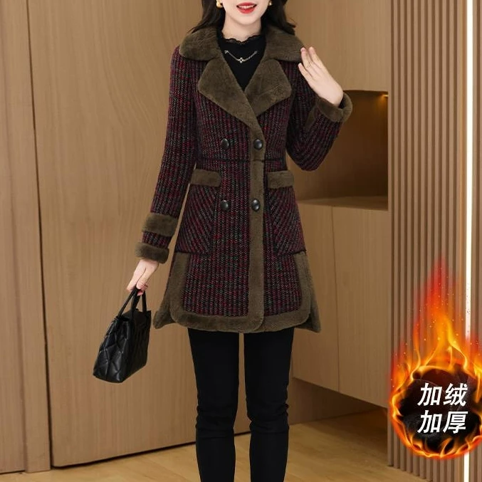 梦晚加绒加厚毛呢外套女冬季2025新款洋气皮毛一体妈妈中长款大衣