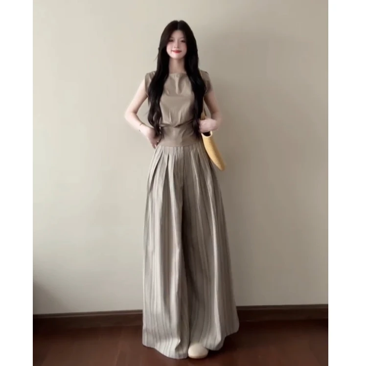 新款复古轻奢穿搭女夏系带收腰显瘦无袖短上衣条纹阔腿休闲裤套装