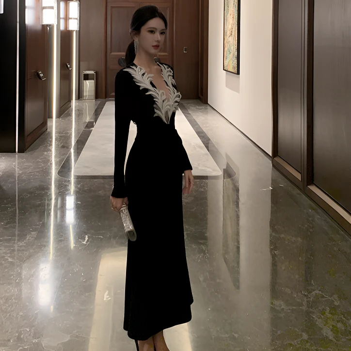 黑色party小礼裙名媛高级感长裙羽毛修身包臀宴会晚礼服连衣裙女