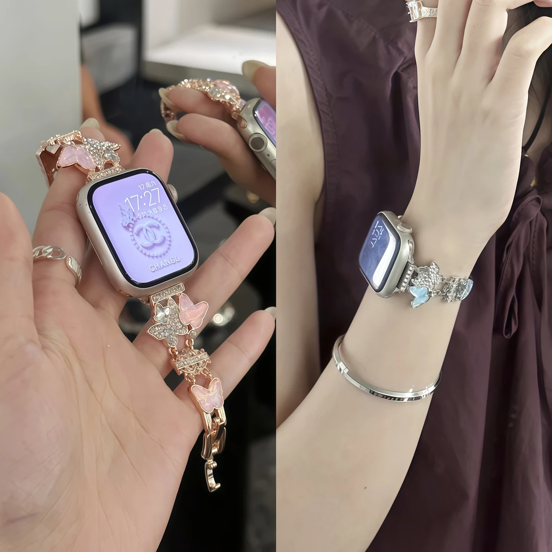 适用于苹果iwatch10手表表带applewatch S10/9/8镶钻皇冠蝴蝶腕带