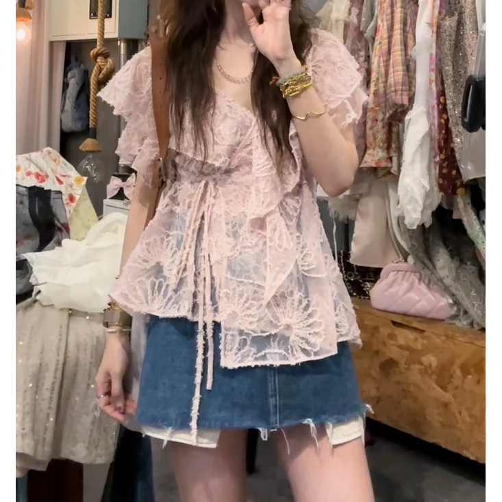 S50620988/素拉那里/韩系立体提花刺绣蕾丝荷叶边不规则衬衣衬衫