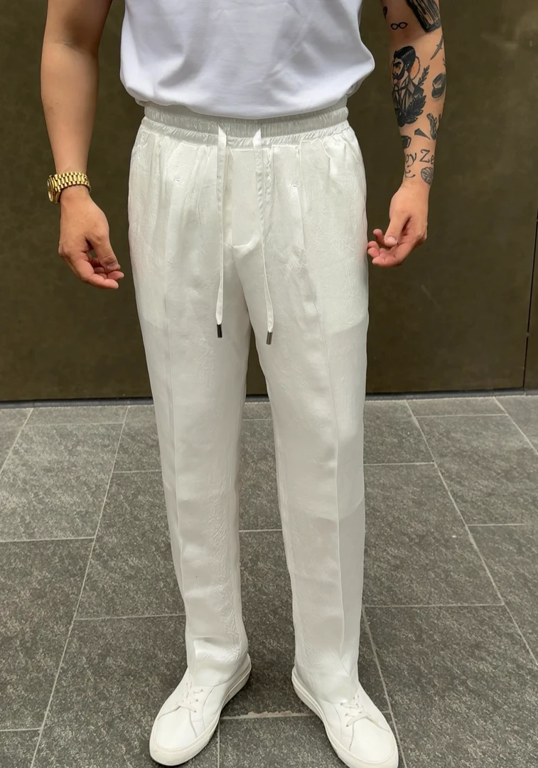 100%醋酸【休闲裤】撑展男士夏季黑白缎面百搭松紧腰透气西裤5