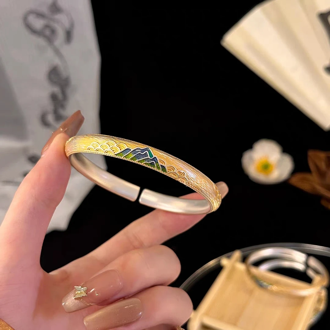足银手镯 千里江山纯银手镯-足银999.9 国风气质古风鎏金可调节