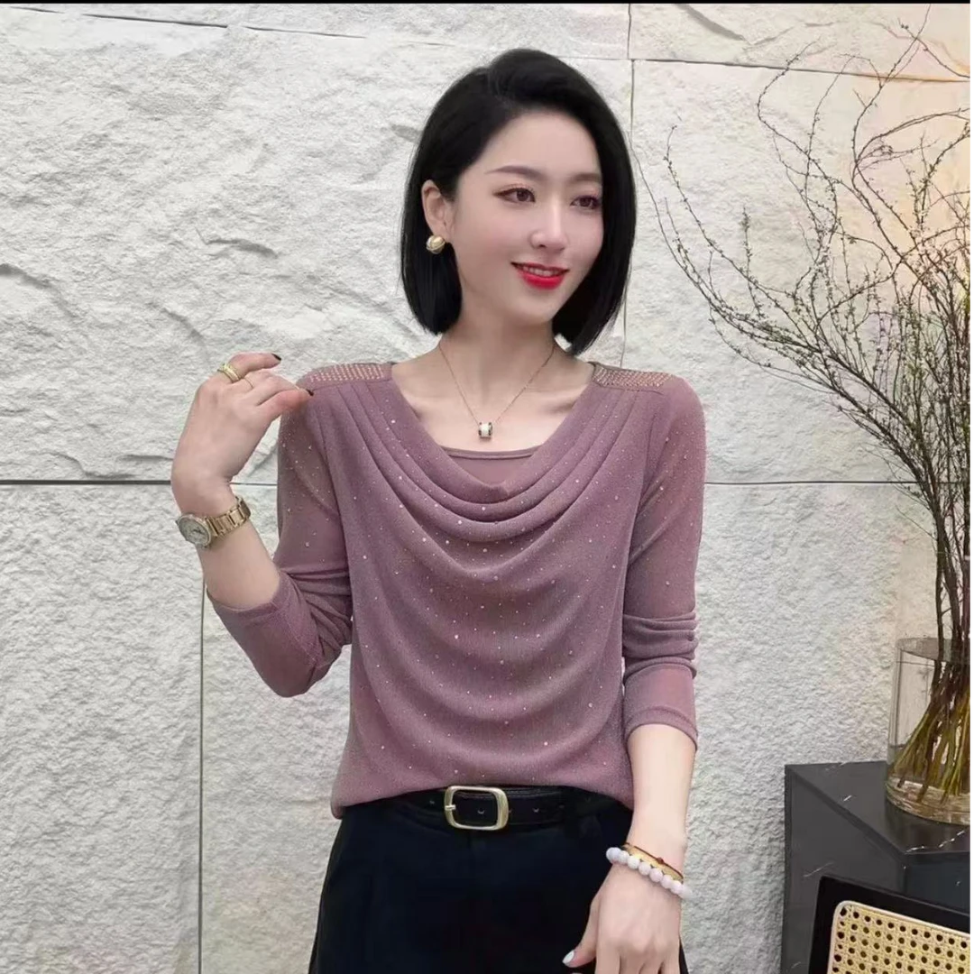 2025春款新品显瘦堆堆领烫钻时尚气质洋气小衫女上衣