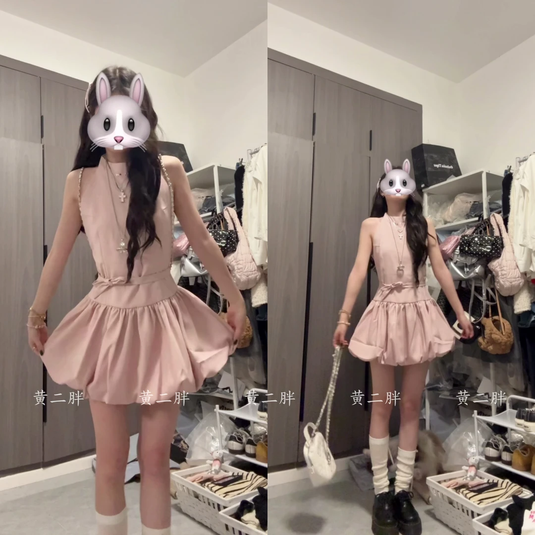 粉色挂脖连衣裙蓬蓬花苞裙甜美少女小个子无袖背心裙夏季新款短裙