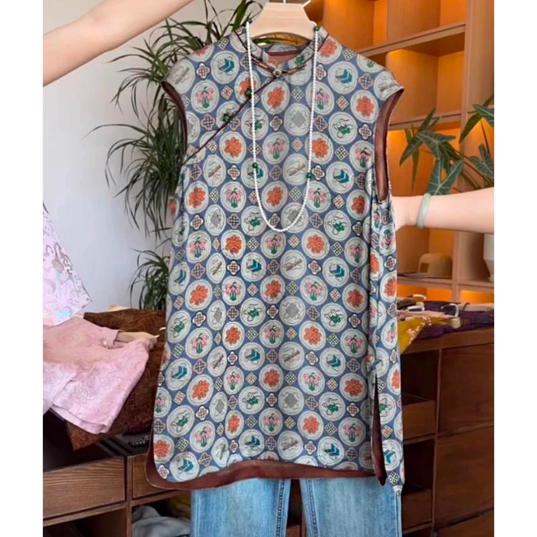 【文房四宝】夏款新中式复古盘扣气质无袖斜襟背心裙马甲上衣892