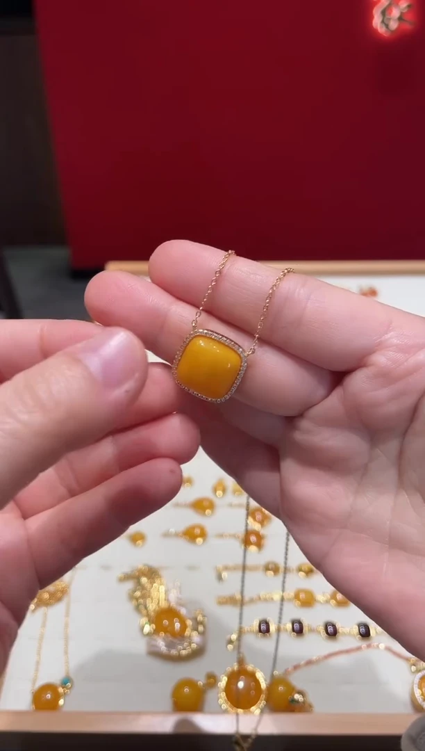 蜜蜡颈饰银S925镀金镶嵌套链