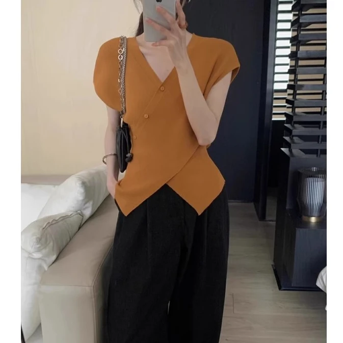 交叉V领针织衫短袖t恤女夏季小众独特别致设计感修身显瘦遮肉上衣