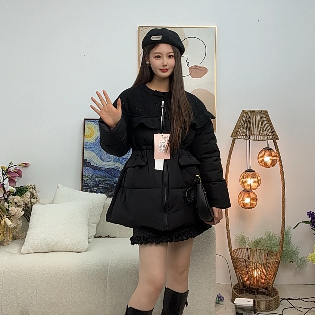 Y136区A95黑色落肩袖时尚连帽冬装拉链拼接中长款韩版厚款