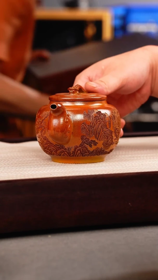 茶壶紫砂火云烧 如意鼓壶 刻绘