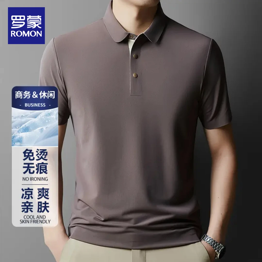 罗蒙夏季新款男士短袖t恤中青年商务休闲翻领纯色polo衫时尚上衣