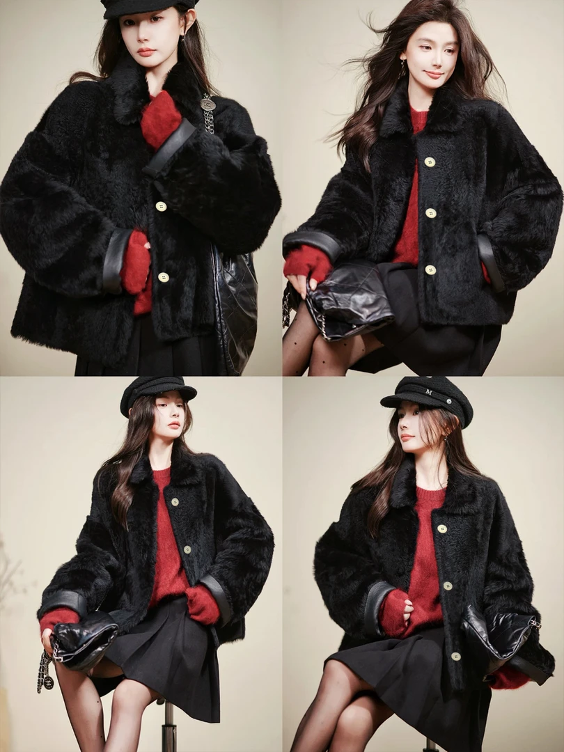 凯哥【黑珍珠】翻领小胎羊微卷拉贡羊皮毛一体皮草海宁皮草25119