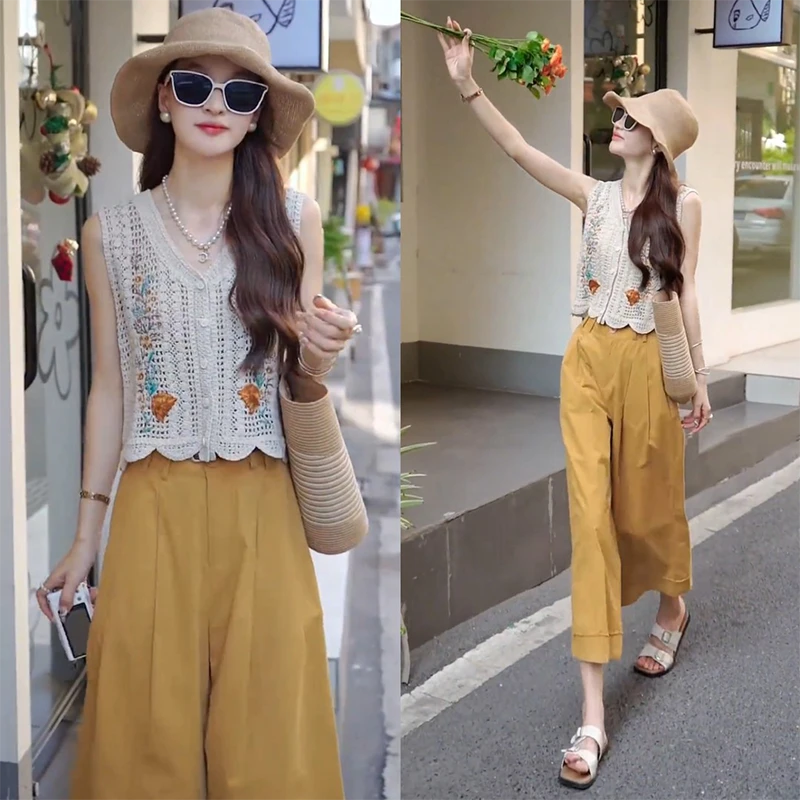 2025夏季新款法式镂空设计感刺绣无袖短款背心直筒阔腿纯色休闲裤