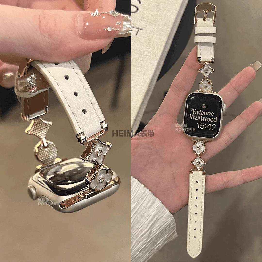 适用小米手环9pro表带8pro金属四叶草真皮红米watch5表链女款腕带