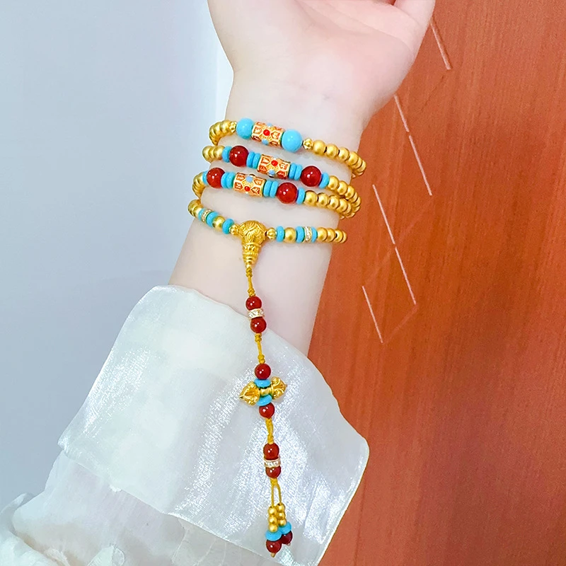 铜合金项链 108颗多圈珠珠长项链女红蓝设计款降魔杵毛衣链