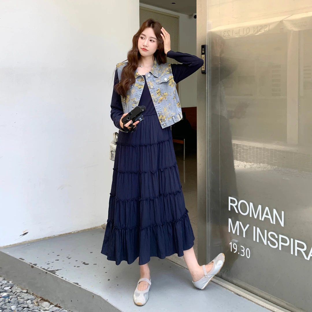 气质氛围感洋气减龄套装女秋季新款高级感印花牛仔连衣裙两件套