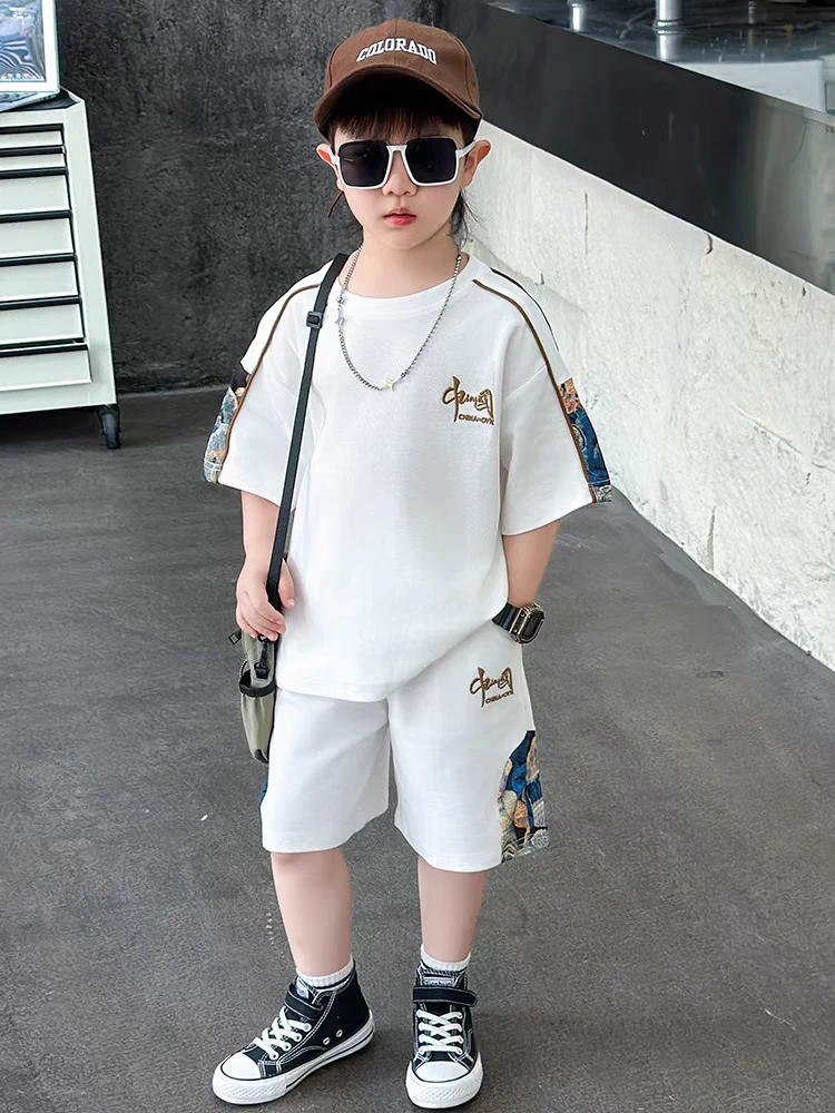 痞帅男童夏季短袖套装2025新款儿童夏装男孩国风运动服小童洋气潮