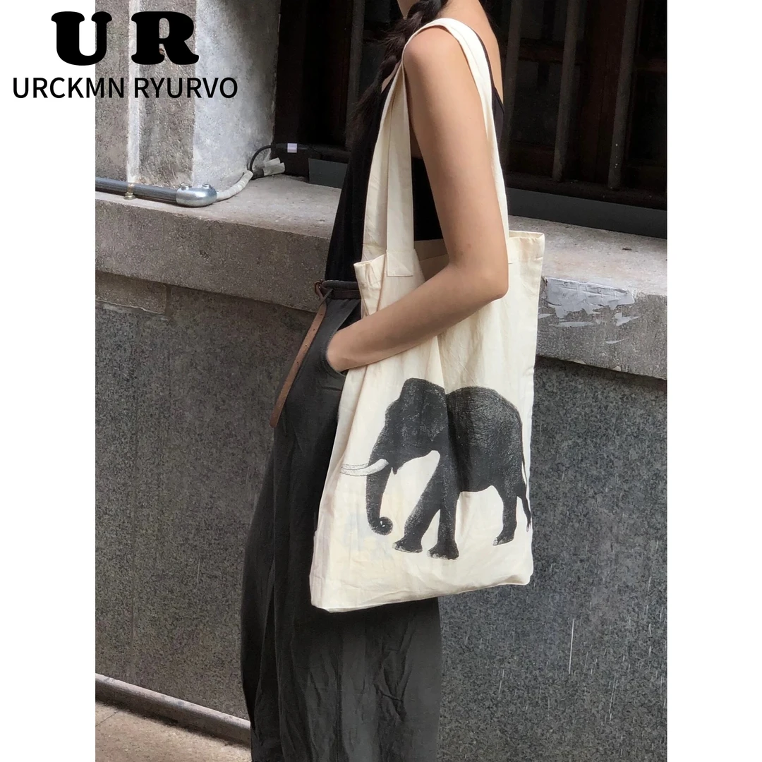 URCKMN RYURVO2025夏季新款慵懒风大象图案印花大容量帆布购物袋