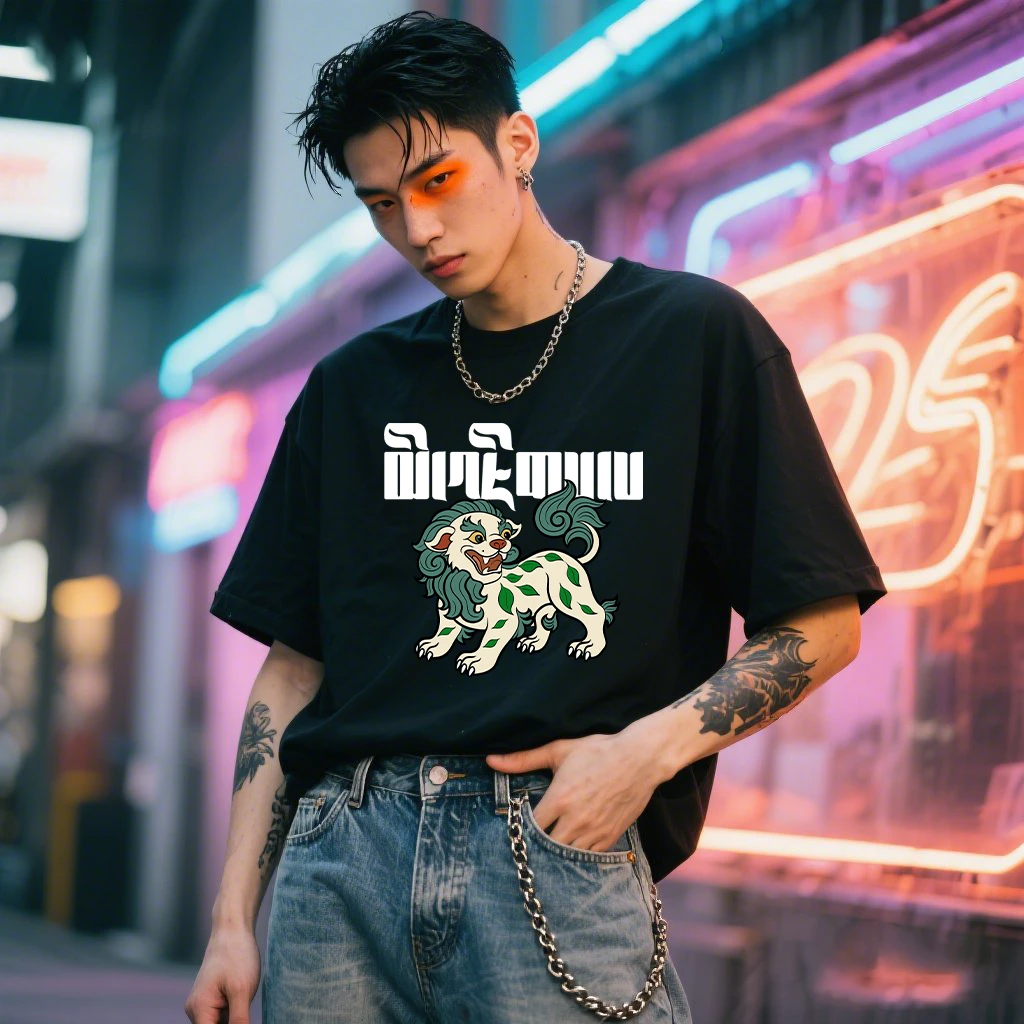 国潮藏文logo印花短袖t恤夏季纯棉宽松圆领男士休闲百搭透气T恤