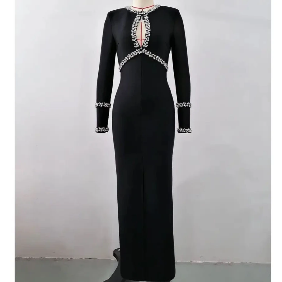 纯色高腰连衣裙修身带钻秋冬时尚名媛女士长款