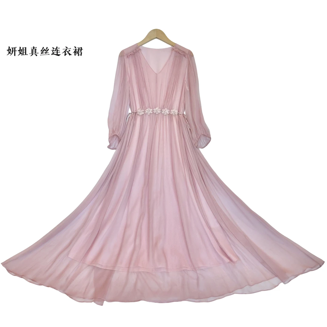 2025轻奢简约中长款气质显瘦V领夏季大摆女装收腰法式粉色 23155