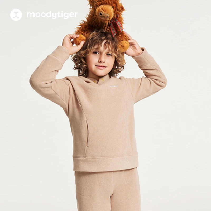 moodytiger冬款儿童户外运动保暖舒适宽松加绒连帽卫衣抓绒