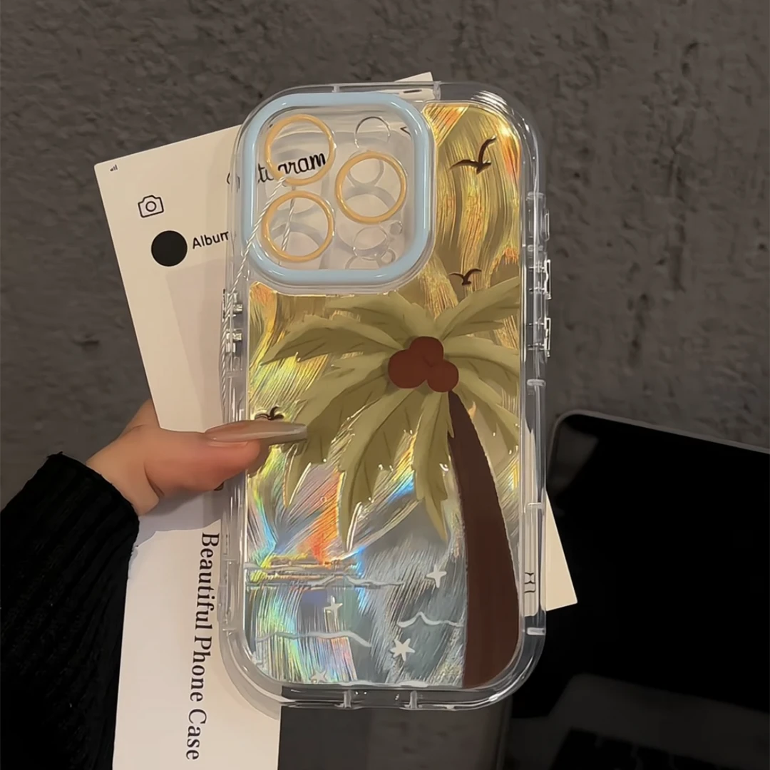 奶油羽纱适用苹果16pro防摔女手机壳小众华为p60夏日海边椰树新款