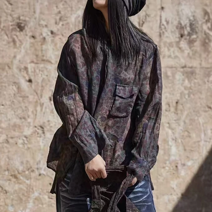 原创麻依者苎麻斑驳印花做旧长袖衬衣2025夏M-096【新款】