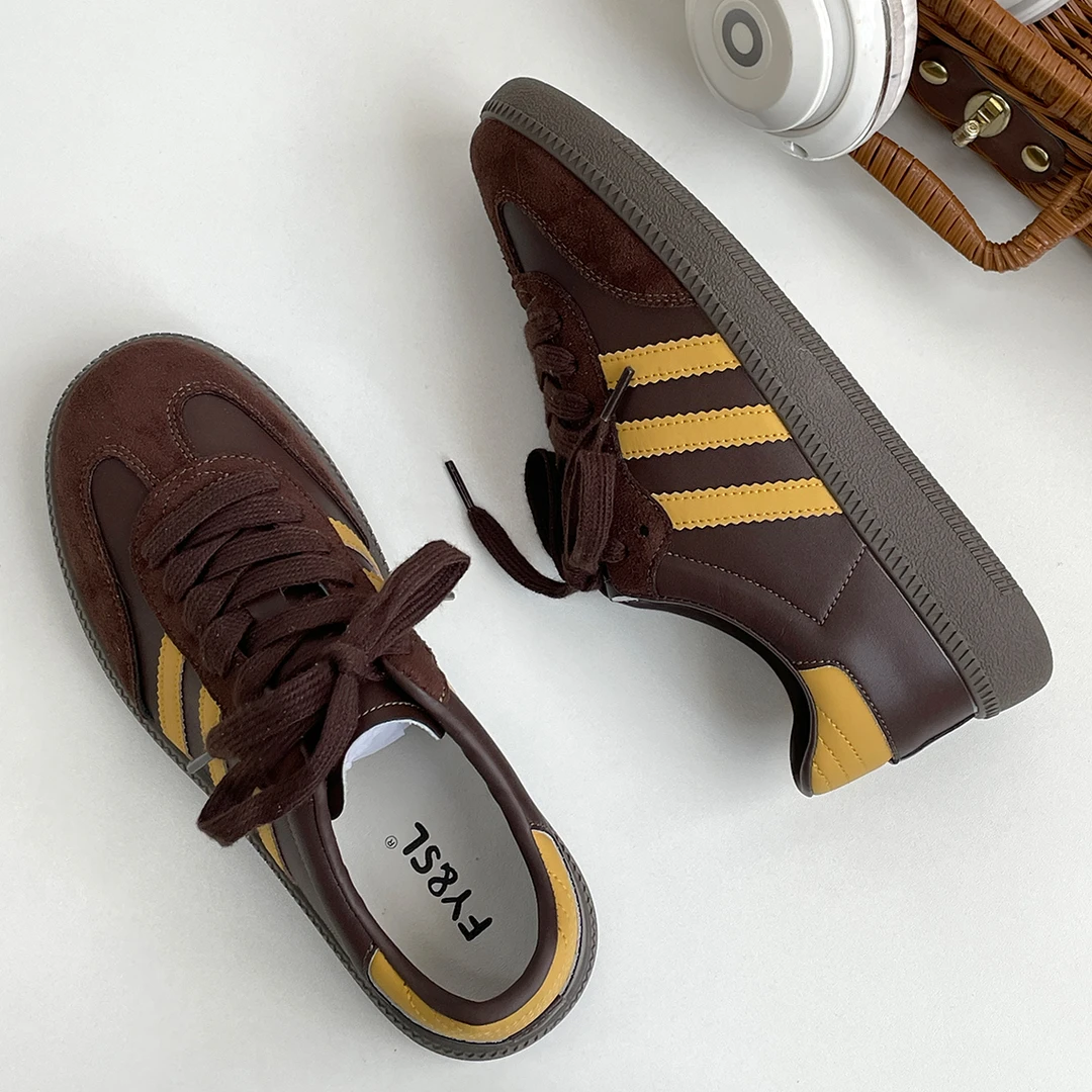 可露丽棕复古拼色德训休闲板鞋2025秋季新款软底低帮平底百搭潮鞋