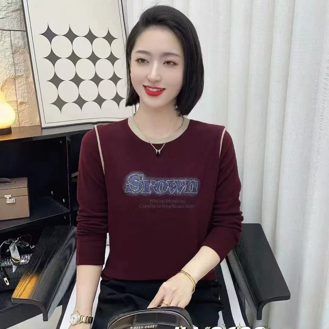 小鑫肝@现货浮力重工英文烫钻插肩袖拼色休闲百搭长袖T恤 8608